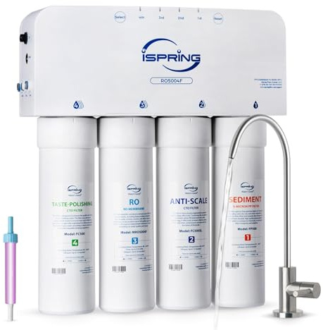 iSpring RO5004F Reverse Osmosis Water Filter with UV, 500 GPD RO System Under Sink, 2:1 Pure to Drain, Tankless RO Water Filtration System with Boost Pump, Filter Life Monitor, Reduces PFAS, TDS, Lead