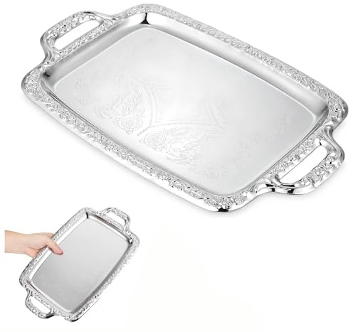 PartyKindom Serving Dishes with Handles – 15 Inch Silver Tray for Coffee Table, Large Metal Rectangle Platter for Party Food Breakfast Tea Farmhouse Home Decor