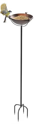 EFUTURETIME Bain Oiseaux sur Pied en Métal φ 26 × 134 cm Abreuvoir Oiseaux Exterieur avec 3 Statuette d'oiseaux Mangeoire Plateau Réglable en Hauteur pour Jardin Balcon, Couleur Bronze
