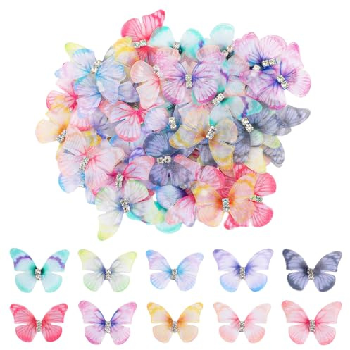 Xinjoduz 60 Stück Schmetterling Deko Durchscheinender Bunte 3D Schmetterlinge Organza Stoff Deko für DIY Basteln Kleidung Wanddekoration Fenster Scrapbooking Haarspange Dekoration Wand