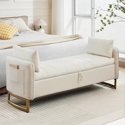 AEMEIOS 66 End of Bed Storage Bench King Size, Velvet Storage Benches for Bedroom Foot of Bed, Upholstered Storage Ottoman Bench with Golden Legs and Pillow for Living Room Window Entryway, Cream