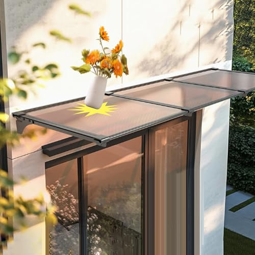 Geovne Auvent de Porte/Fenêtres Extérieu,Marquise Solaire Abri Banne Entrée Marron,Toit Abri Protection Contre la Pluie et UV Moderne,Auvent de Patio à Cadre en Aluminium (65x440cm/26 x173)