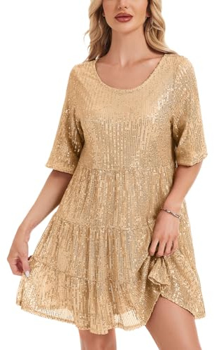 Kyzoeyou Kurzarm Glitzer Sommerkleid Damen mit Pailletten Midi Kleider Leicht Kleid Casual Tunika Plissee Swing Freizeitkleid