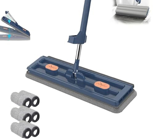 Trapeador Plano Grande, Almohadillas De Microfibra Lavables, para Uso En Seco Y HúMedo, Sistema De Limpieza De Pisos con Raspador Giratorio De 360 Grados (Azul-4piezas de Tela)