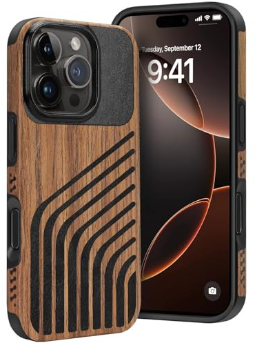 Dolstrap Robuste Coque iPhone Compatible avec Coque iPhone 16 Pro, (Bois Naturel & Cuir & Fibre Texture de Carbone) Mince Case, Corde