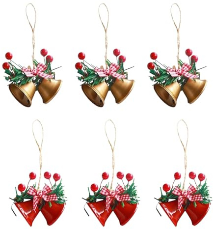 6 Pezzi Campane Natale, Campane in ferro battuto, Adatto per alberi di Natale, maniglie delle porte, ghirlande, finestre e decorazioni natalizie per interni (rosso, oro)