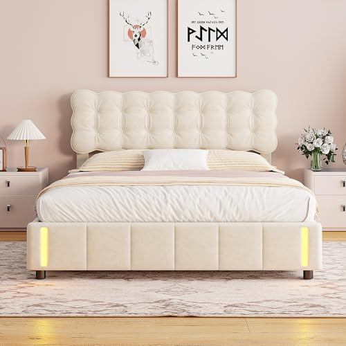 Yeutre Lit Coffre 160x200 avec Sommier, Lit Deux Place Rembourré avec LED, Fonction de Rangement Hydraulique, Lits et Cadre de Lits pour Adulte et Adolescents, Sommier à Lattes, sans Matelas, Velours