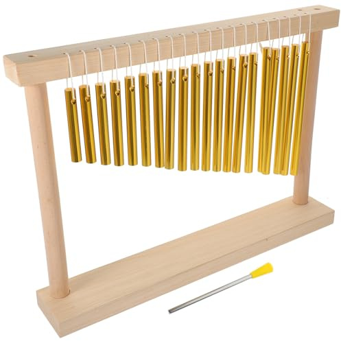 Solid Brass Twenty-tone Wind Chime Set with Wooden Base Gold | Professional Accompaniment Teaching, Basswood and Copper Build, for Children, Performance and Early Education
