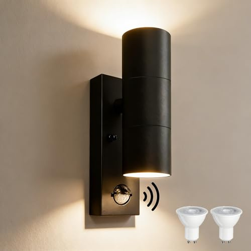 YOVGQOLV Motion Sensor Outdoor Wall Lights Up and Down, Incl. 2x5w 3000K GU10 Bulbs,Stainless Steel PIR Outside Light Mains Powered, IP54 Waterproof Front Door Lamp Porch, Black, 1 Pack