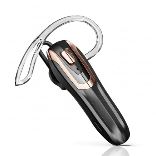 Handsfree Earpiece Bluetooth 6.0 with Noise Cancelling & 38 Hrs Talk Time – Wireless Bluetooth Earpiece, Dual Pairing, Lightweight Single Ear Headset for Driving, Office, Warehouse (Black with gold)