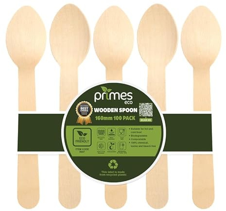 PRIMES ECO 100pcs Disposable Wooden Spoon 160mm – Single Use Birchwood Cutlery for Hot & Cold Foods, Smooth Finish Spoon for Parties, Catering, Events & Everyday Dining