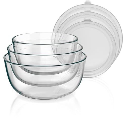 Arendo - Rührschüsseln aus Glas mit Deckel - Glasschüssel 3er Set - 700ml + 1100ml + 1500ml – Rührschüsseln klein bis groß – Borosilikatglas - Salatschüssel Glasschale Salatglasschale