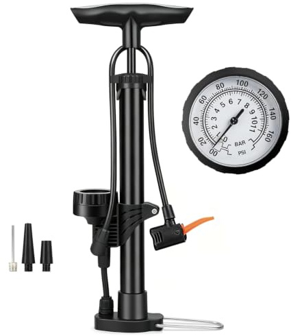 Bike Pump with Pressure Gauge, Bicycle Pump for All Bikes Floor Stand Pump with Presta & Schrader Valves, Track Tyre Pump for Bikes Tyre Sports Ball Balloons Swimming Rings Inflatables