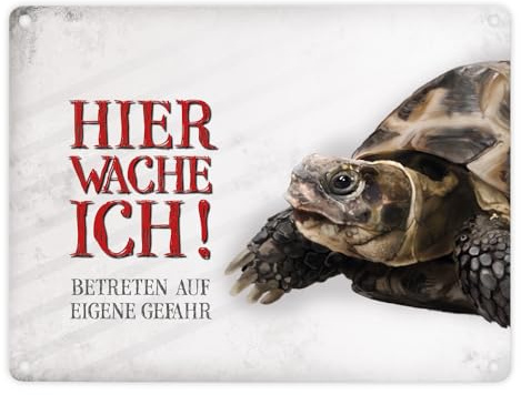 Metallschild mit Schildkröte Motiv und Spruch: Betreten auf eigene Gefahr - Hier wache ich!