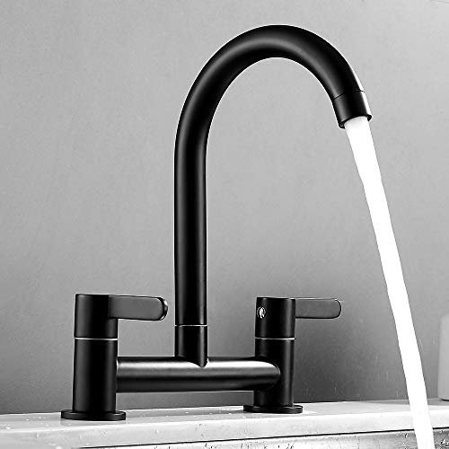 Kitchen Sink Deck Mixer Taps 360° Swivel Spout Chrome Basin Faucet Modern Dual Lever Chrome Brass Monobloc Durable Elegant Ceramic Low Water Pressure 2 Hole Bar Sink Taps UK Standard Fittings (Black)