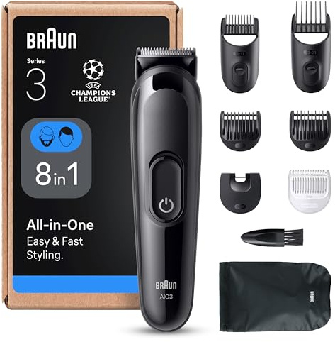 Braun 8-in-1 All-in-One Beard Trimmer & Hair Clipper for Men, Series 3 Grooming Kit with Ultra Sharp Blade, 14 Length Settings (3–21mm), 50-Min Cordless Use, Washable Heads, AIO3545, Black