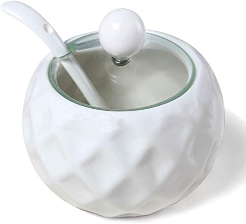 Chase Chic Sucrier en céramique, Sucrier en Porcelaine Moderne avec Couvercle Transparent et Cuillère en Verre 8,8 oz/250 ml en Forme de Losange, Parfait pour Café-bar, Cuisine à la maison