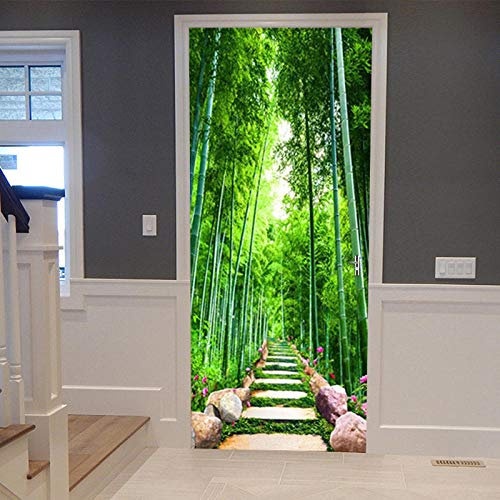 CBWRAW 3D Pegatinas De Puerta Paisaje De Camino De Piedra De Bosque De Bambú Verde 77X200cm Puerta Mural Póster Autoadhesivo Impermeable Vinilo Puerta Etiqueta Papel Tapiz Foto Para Sala De Estar Dorm
