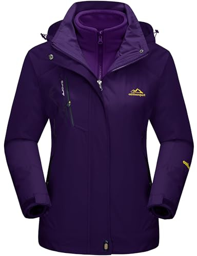 TACVASEN Waterproof Jacket Womens Skiing Winter Fleece Jacket Full Zip Hoodies Warm Jacket Ladies Snow Cold Outdoor Jacket Cargo Ski Jacket Windproof Snowboard Mountain Parka Purple