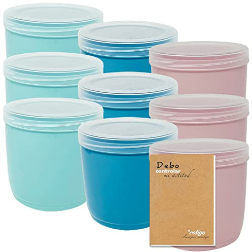 Codil Assortiment de 9 boîtes rondes hautes réutilisables en plastique sans BPA avec couvercle compatibles lave-vaisselle, congélateur et micro-ondes Rose/vert/bleu 1 l