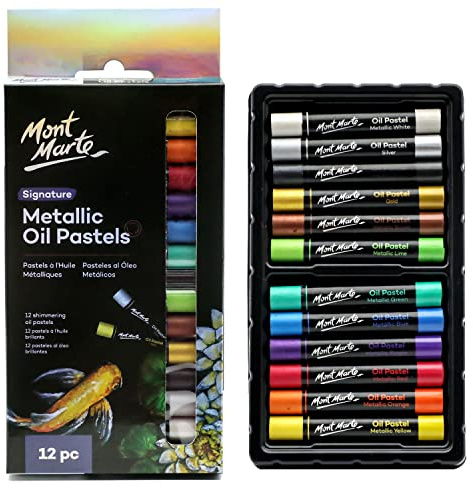 Mont Marte Ölpastellkreide Metallic Set – 12 Stück – Weiche Ölkreide – Intensive Farben, hohe Pigmentierung – Ideal für Malerei und Zeichnungen