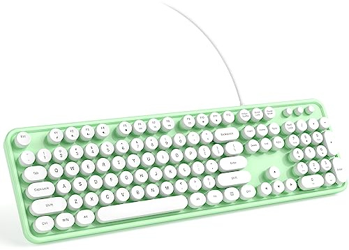 KNOWSQT Clavier filaire pour ordinateur, rétro, coloré, taille standard avec touches rondes. branchement direct, style machine à écrire, compatible avec Windows, MAC, PC, vert et blanc