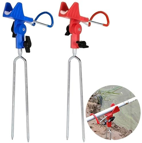TTYSHIP® 2 Stück Rutenhalter, 360° Verstellbarer Rutenhalter Angel, Angelrutenhalter für Flussangeln, Strandangeln (Rot, Blau)