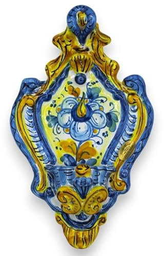 Acquasantiera in Ceramica Siciliana - h 23 x 14 cm ca. Fondo Blu, Giallo e Verde, Decoro Fiore MD4