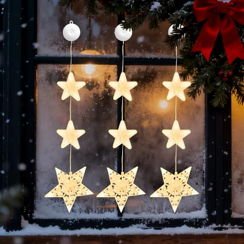 YuuFcy Pack of 3 Star Window Lights, LED Hanging Christmas Decorations with Suction Cups, Battery Operated for Indoor/Outdoor Xmas Party & Garden