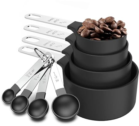 8 Pcs Measuring Cups and Spoons Set, Stackable Handle Accurate Tablespoon for Measuring Dry and Liquid Ingredients Small Teaspoon with Plastic Head for Cooking Kitchen (Black)