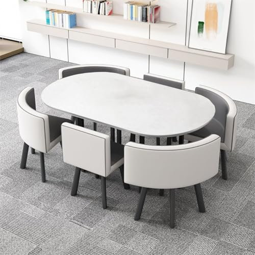 EpuzeR Oval Esstisch mit 6 Stühlen Set, Tischplatte aus Holz Konferenztisch, Esszimmergruppe Küchentisch for Wohnzimmer Küche,90 * 150cm (Color : Off White)