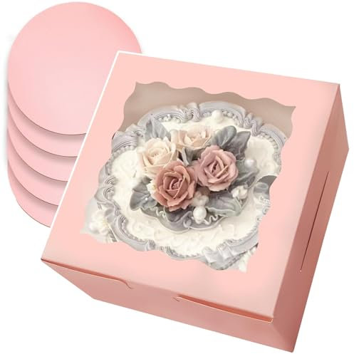 Gcardist - Set di 5 scatole per torte con finestra e 5 sottotorta rotondi da 20,3 cm, contenitori per torte (20,3 x 20,3 x 12,7 cm, rosa)