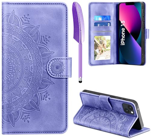 EASDNB Lederhülle für iPhone 13 Hülle, Handyhülle für iPhone 13 Flip Wallet PU Leder Case [Kartenfach] [Magnet] [Ständer] Prägung Klapphülle Schutzhülle für iPhone 13, Lila