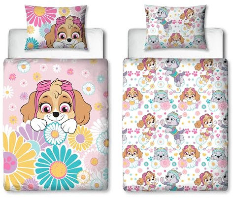 PAW PATROL Childs Toddler Cot Bed Duvet Cover | Flowers and Skye Design Reversible 2 Sided bedding with Matching Pillowcase, Polycotton