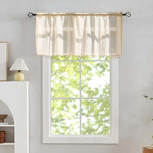 Landhaus-Küchenvorhänge mit Quaste, Streifen Halber Vorhänge aus Leinen, Küchengardine für Wohnzimmer und Schlafzimmer(W: 100 X L:46CM/39X18.1IN)