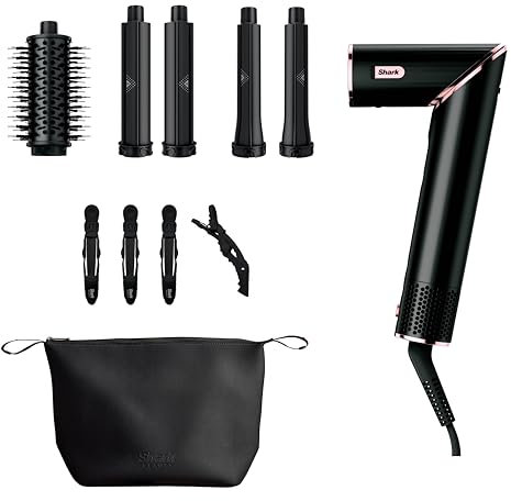 Shark FlexStyle 3-in-1 Air Styler & Hair Dryer with 32mm & 24mm Auto-Wrap Curlers, Round Brush, Storage Case and Alligator Clips, No Heat Damage, Black/Rose Gold HD421UK