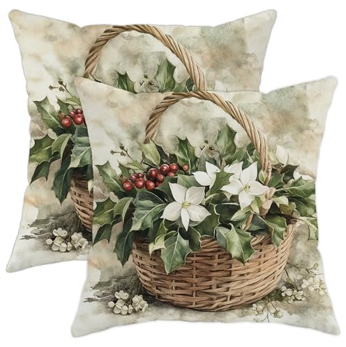 Weihnachts-Kissenbezüge mit Stechpalmen-Blumenmuster, grüne Blätter und rote Beeren, Winterurlaub, Heimdekoration für Sofa, Schlafzimmer, Wohnzimmer, 45,7 x 45,7 cm