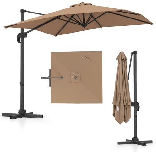 COSTWAY Ombrellone da Giardino Quadrato 245 cm, Rotazione a 360°, 5 Posizioni di Inclinazione Regolabili, 8 Stecche, Manovella, Anti-UV, Impermeabile, per Terrazzo, Balcone e Piscina (Caffè)