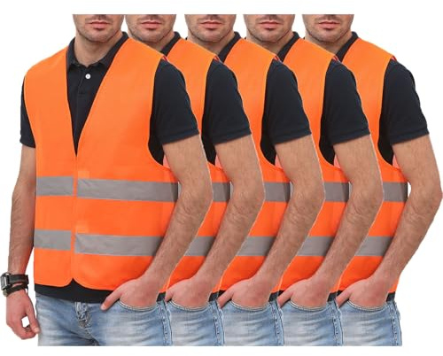 Generisch 5er Warnweste Herren Sommer Warnwesten Erwachsene Leichte Arbeitsweste Warnschutz Funktionsweste Reflektierende Weste Fahrrad Sicherheitsweste Reflektoren Kleidung Outdoor Orange