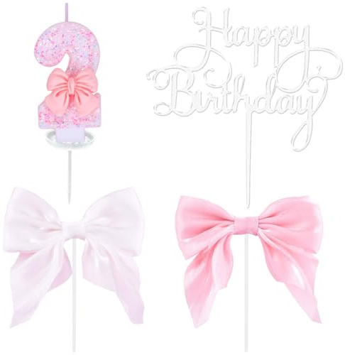 Geburtstagskerzen Zahlen 2, Happy Birthday Tortendeko, 2 Geburtstag Mädchen, Glitzernde Rosa Fliege kuchendeko 2. Geburtstag, Happy Birthday Cake Topper, Zahlenkerze für Geburtstagsdeko