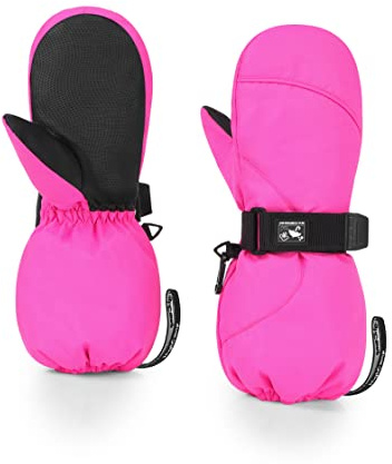 HIGHCAMP Kids Long Cuff Winter Gloves with Stay-on Strap Waterproof Mittens for Toddler Children Snow Ski, XS (2-3 Y) Rosa