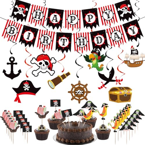 57 Stück Piraten Deko Kindergeburtstag, Piratenparty Deko | Mit Piraten Girlande, Spiralen und Tortendeko – Party Dekoration für Piraten Geburtstag und Pirate Party