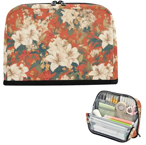 EtherSpher Trousse à crayons de grande capacité avec fond orange et fleurs de lys - Imprimé japonais sur bois - Trousse simple pour homme - Fournitures scolaires utiles escolares para