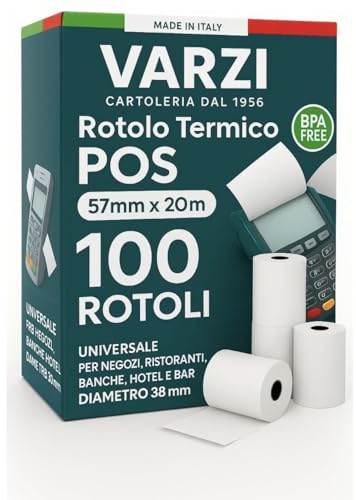Rotoli POS in Carta Termica 57x20 Metri – Prodotto Italiano, Metraggio Reale, Senza BPA – Compatibili con Registratori di Cassa e Dispositivi POS (100 ROTOLI)