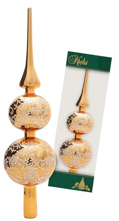Krebs Glas Lauscha - Weihnachtsdekoration/Christbaumschmuck aus Glas - Dekor. Doppelspitze Glanz mit weißer Glitzerdeko - Farbe: Gold - Größe: ca. 33 cm