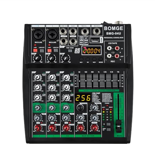 BOMGE Professionell DJ-ljudmixer, 4-kanals DJ-mixer, Bluetooth-ljudmixer, stöder USB/MP3/BT datorinput, 256DSP, 48V fantomström lämplig för DJ-studioströmning och inspelning (4-kanals-04U)
