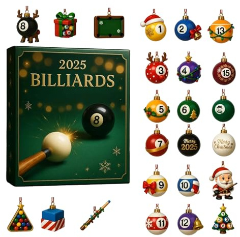Calendario dell'avvento da biliardo 2025, 24 calendario natalizio per conto alla rovescia, palline da biliardo in acrilico 2D e ornamenti per stecche, decorazioni natalizie da appendere, regalo per