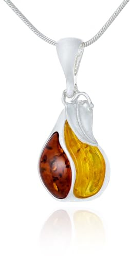 AMBEDORA Damer silverhalsband päron med bärnsten, polerat sterlingsilver, tvåfärgad baltisk bärnsten, silverhänge på kedja