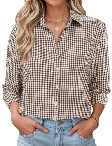 Rapbin Chemisier décontracté à manches longues pour femme - Col en V - Tunique ample - Haut élégant avec boutonnière, Marron à carreaux, M