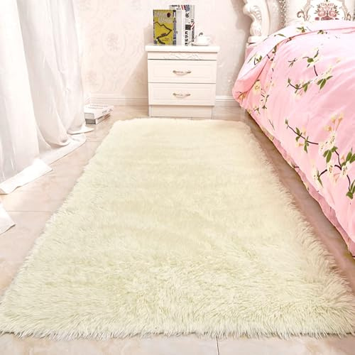 FEIJUAND Grand Tapis Salon 60 x 110 cm Shaggy Tapis Moelleux et Moelleux Style Moderne pour Salon, Chambre, Cuisine et Chambre d'enfant, Couleur Crème